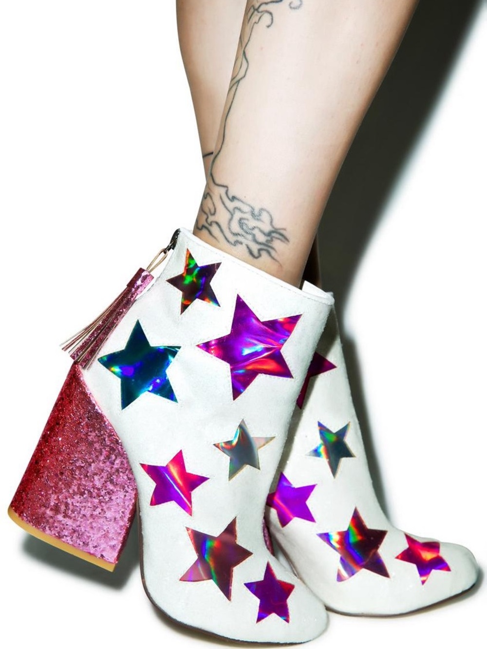 ISO Size 8 YRU White Holographic Star Ankle Boots with Pink Glitter Heel